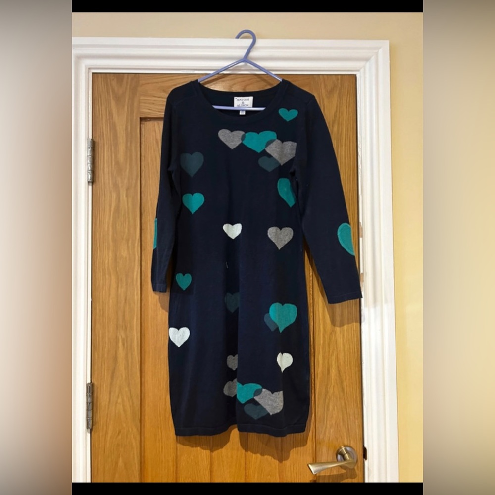 Long Sleeve Navy Love Heart Dress Size 12 - Picture 1 of 5